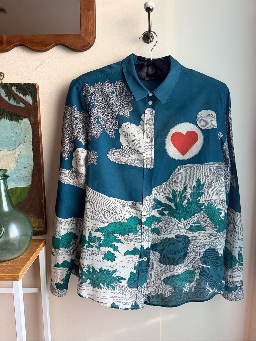 Sézane x Inoui Éditions Pierro Shirt Teal Landscape Heart Print Size 34 XS